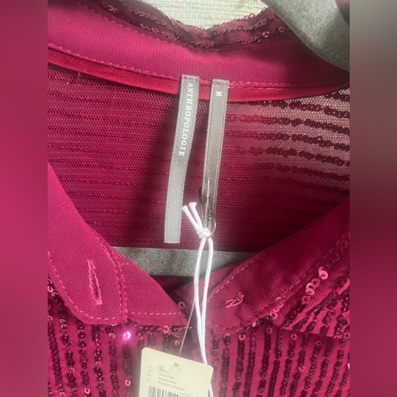 NWT new medium Anthropologie Remoe sequin button down shirt raspberry pink red - Picture 6 of 13
